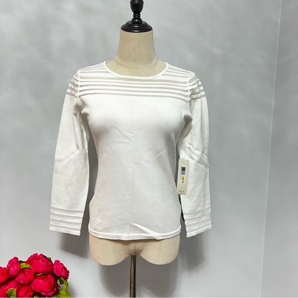Eliza J Ivory Mesh Insert 3/4 Sleeves Knit Top- New With Tag - Size Medium - Picture 5 of 14
